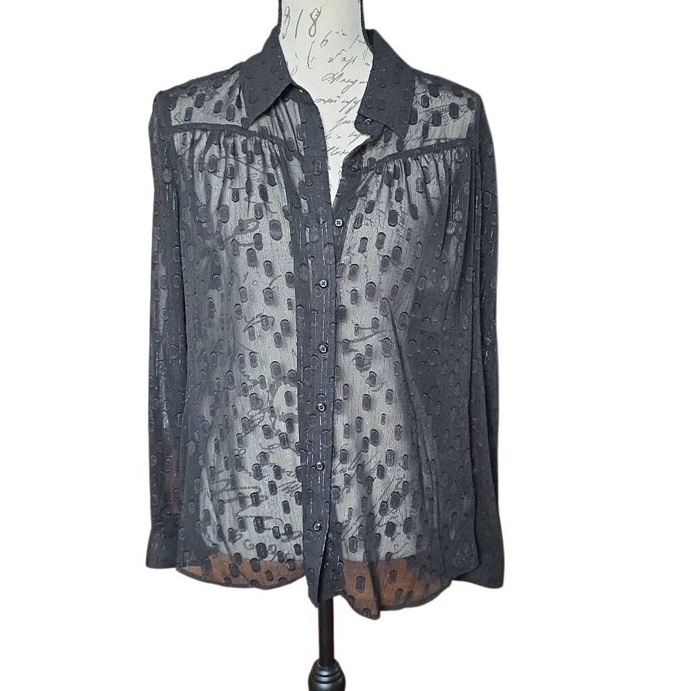Express Womens Size Large Sheer Black Dot Pattern Long Sleeve Button Down Shirt